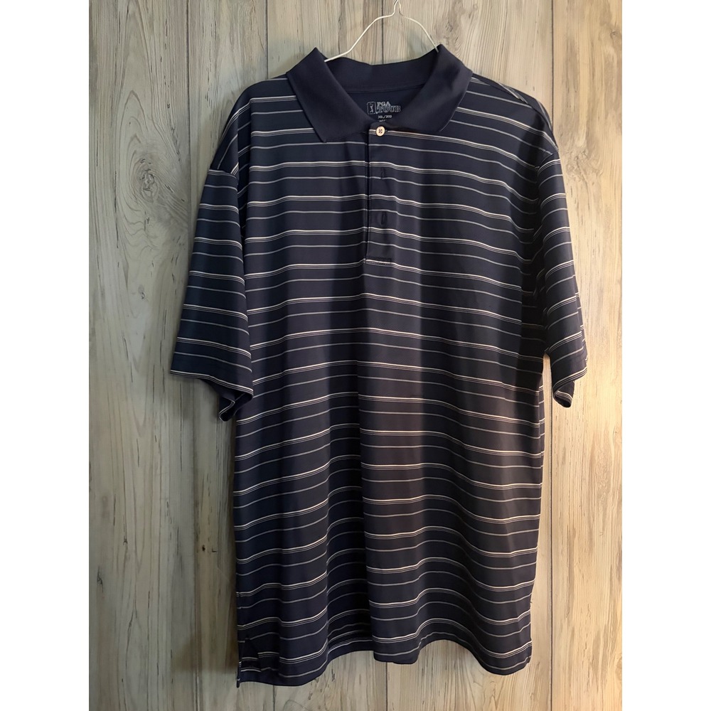 PGA Tour Mens XL Navy Blue Striped Short Sleeve Golf Polo Shirt Performance